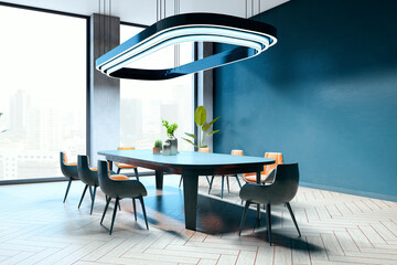Modern conference room with stylish wooden table and chairs, large windows, and decorative lighting...