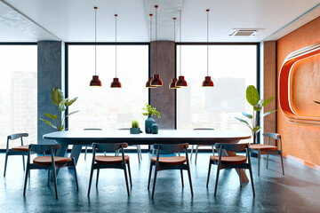Modern conference room with sleek furniture and city views. 3D Rendering