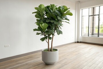 A large fiddle leaf fig tree in a large modern planter on a light-colored wood floor with a minimalist aesthetic, air purifying plants, greenery