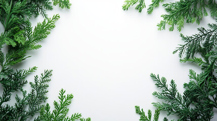 Fresh cedar foliage framing white background with copy space for creative designs