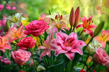 Obraz premium A delicate floral background with pink lilies and roses, creating an atmosphere of freshness and natural beauty