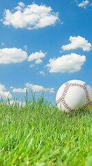 Baseball on grassy field under a partly cloudy sky. Possible use Sport background