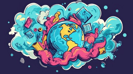 Fototapeta premium Vibrant and Playful Illustration of the Earth Surrounded by Whimsical Elements in Colorful Clouds