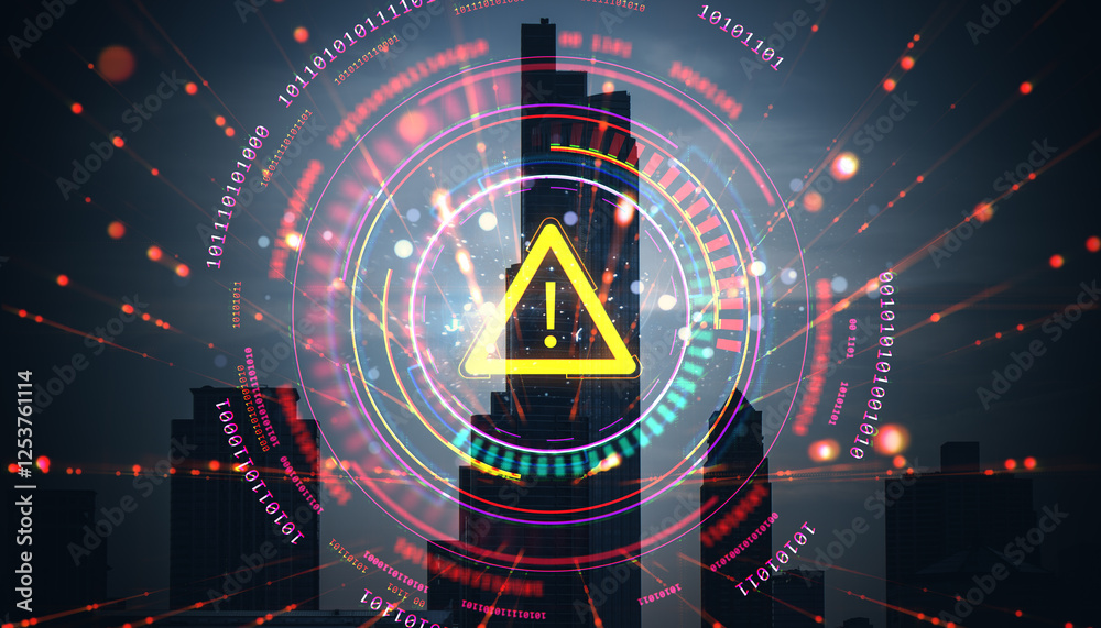 Poster cybersecurity warning symbol with digital elements on cityscape background.