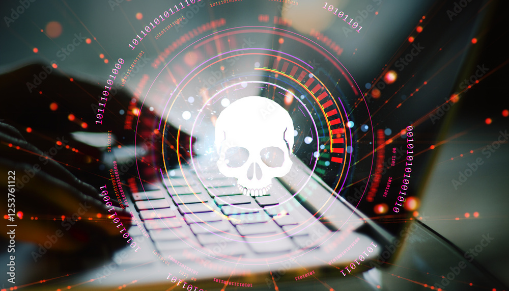 Poster Cyber threat concept with hacker typing on keyboard and digital skull overlay.