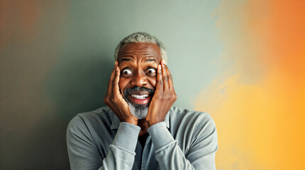 delighted mature man with graying hair playfully covers his face expressing pure joy