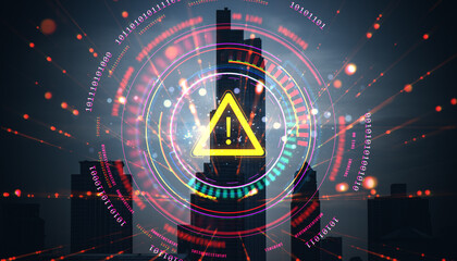 Cybersecurity warning symbol with digital elements on cityscape background.