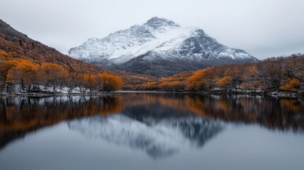 Obraz premium Snowy mountain reflected in autumn lake