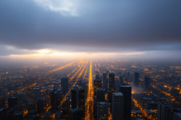 Fototapeta premium City skyline at dusk under cloudy sky with city lights shimmering brightly