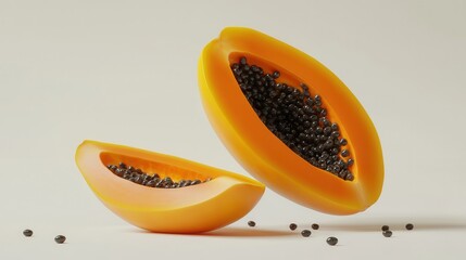 3D Render of Polished Orange Papayas Sliced Open Revealing Black Seeds on a Neutral Background