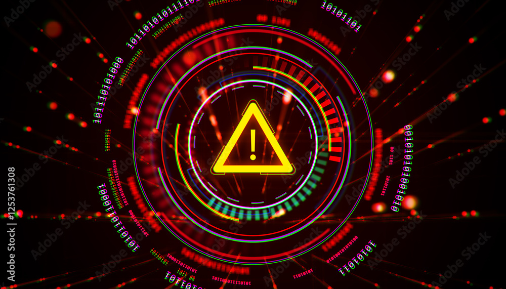 Fototapete digital warning symbol with futuristic interface and neon elements. 3d rendering
