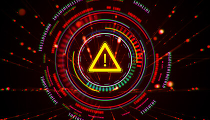 Digital warning symbol with futuristic interface and neon elements. 3D Rendering