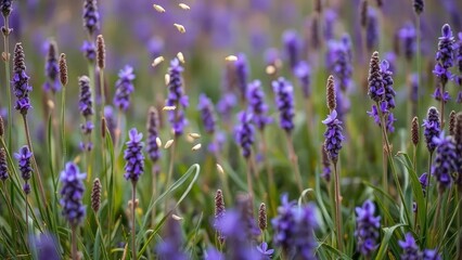 Obraz premium Seeds falling gently to the ground in a purple meadow, plants, organic, botanical