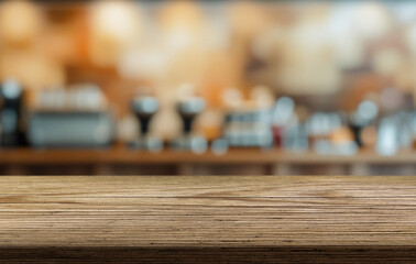 Natural wooden counter top with empty space or product mockup. restaurant counter. Blur interior of cafe, Coffee shop or restaraunt. Products display cafe or bar. product placement
