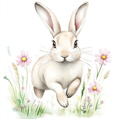 A cute, illustrated rabbit leaps joyfully through a field of colorful flowers in a vibrant, cheerful scene.