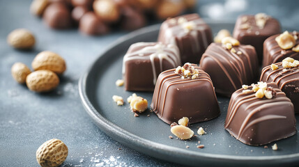 Elegant chocolate candies sit artfully on a plate, inviting indulgence. Dark & delicious treats with varied toppings. Close-up, mouthwatering delight.