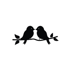 Black Silhouette two birds on a branch, valentine day vector.