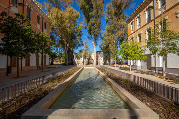 Buildings of the artillery barracks of Murcia, Region of Murcia, Spain, with their typical yellow...