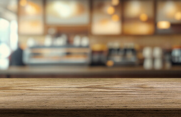 Natural wooden counter top with empty space or product mockup. restaurant counter. Blur interior of cafe, Coffee shop or restaraunt. Products display cafe or bar. product placement
