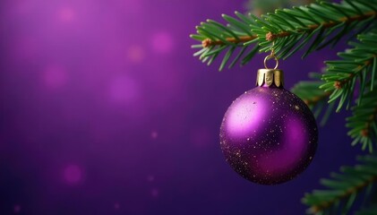 Fototapeta premium Single purple and gold glass ball hanging from a sprig of fir branches, Christmas decoration, purple
