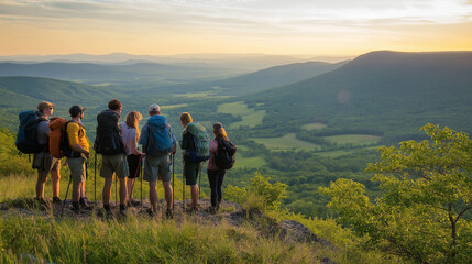 A group of stylish hikers stands on a mountain ridge, admiring a lush valley at sunset, embracing the freedom of peak travel in nature.
