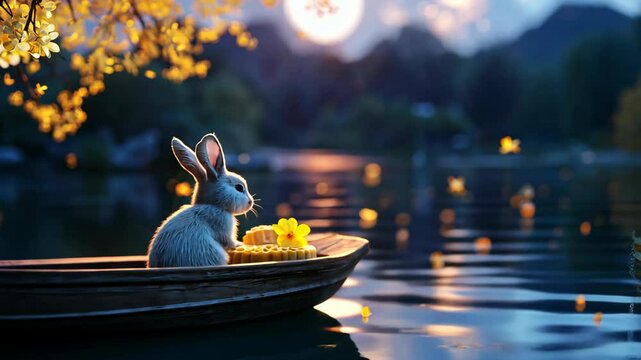 The moon rabbit and mooncakes, Mid-Autumn Festival, a celebration of the harvest moon, rabbit on boat with mooncake under full moon light 