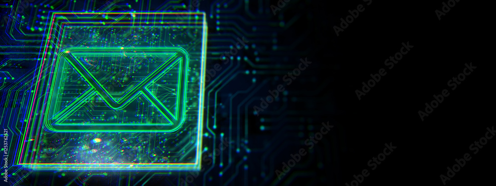 Poster Neon email icon with glowing circuit board background. 3D Rendering