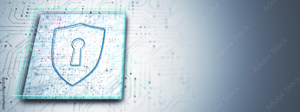 Aufkleber Digital shield with keyhole on circuit board background. 3D Rendering