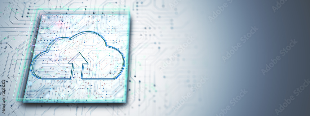 Aufkleber Cloud computing upload icon on a digital circuit board. 3D Rendering
