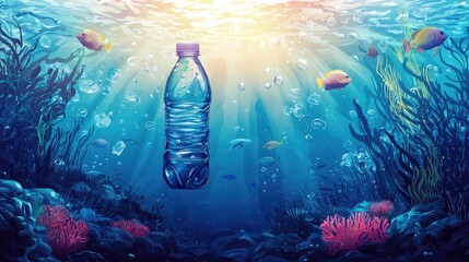Plastic Bottle Floating Underwater Surrounded by Colorful Fish and Marine Life in Vibrant Ocean Scene
