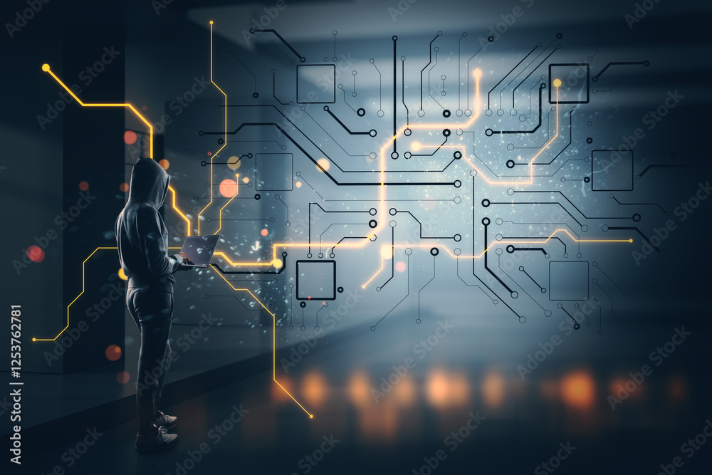 Poster anonymous person in hoodie with laptop near illuminated circuit board concept in cyber environment.