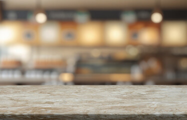 Natural wooden counter top with empty space or product mockup. restaurant counter. Blur interior of...
