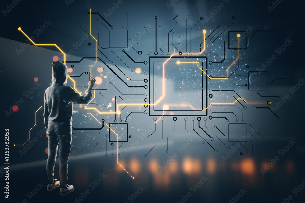 Poster person in hoodie interacting with glowing circuit lines in a dark tech-inspired environment.