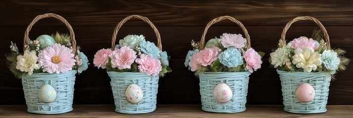 Three decorative baskets filled with vibrant flowers and colorful eggs, elegantly arranged on a rustic shelf, enhancing the charming ambiance.