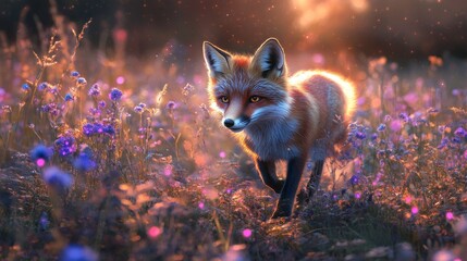 Chameleon Fox in a Luminescent Meadow, a vibrant fox with shifting fur colors dashes through a field of radiant, glowing flowers