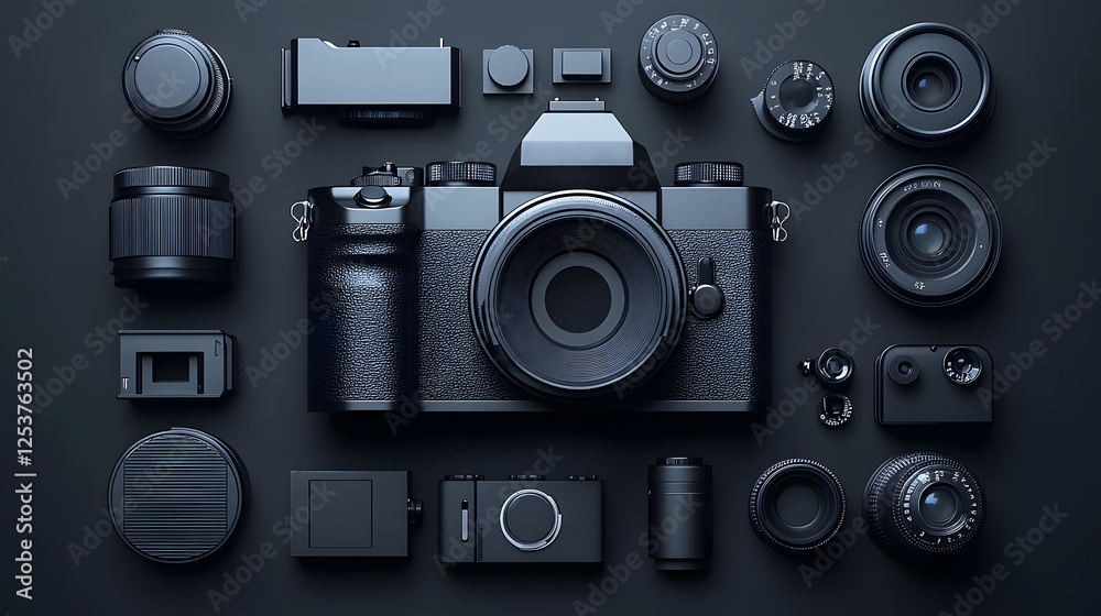 Poster An array of professional photography equipment and accessories including other tools of the trade arranged artfully on a dark minimalist backdrop  The image conveys the passion skill