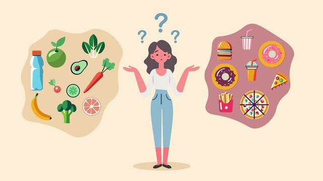Confused woman Choice between Healthy and Unhealthy Food o Lifestyle Flat design animation. Concept of choose vegetable and Good Nutrition versus bard diet or Snacks