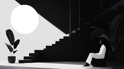 Monochromatic Minimalism: A Figure Contemplating in a Modern, Shadowy Interior