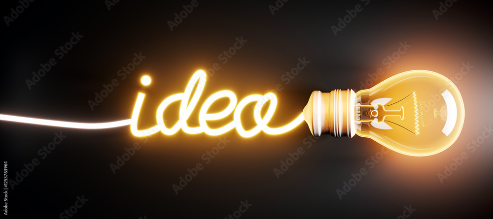 Poster Glowing Lightbulb Writing Idea with Neon Effect on Dark Background. 3D Rendering