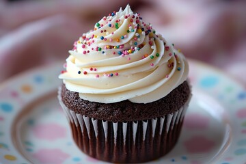 Deliciously frosted chocolate cupcake delight bakery food photography cozy environment close-up view sweet indulgence