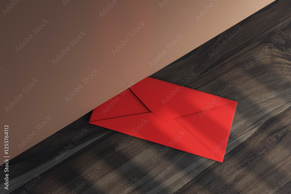 Poster red envelope lying on a wooden floor under a door in a modern interior, illuminated by soft evening 