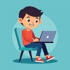 a boy is using his laptop vector