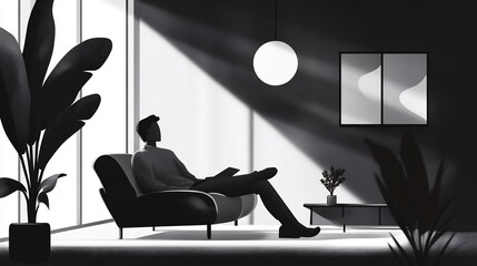 Monochromatic Serenity: A Man Relaxing in a Sunlit Room