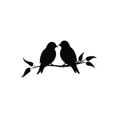 Black Silhouette two birds on a branch, valentine day vector.