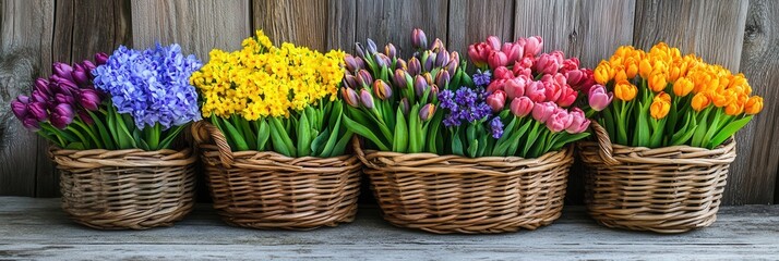 Four vibrant flower baskets arranged elegantly on a table, showcasing a colorful display of nature's beauty and enhancing the ambiance of the setting.