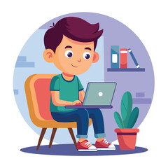 a boy is using his laptop vector