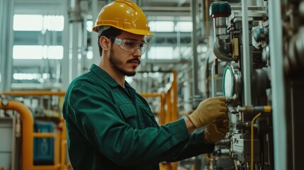 A technician using advanced sensors to monitor gas leaks in an industrial plant, futuristic safety technology