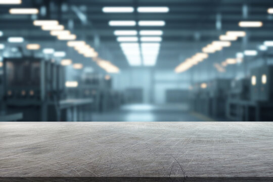 blurred background of factory and empty steel tabletop in foreground. Business presentation