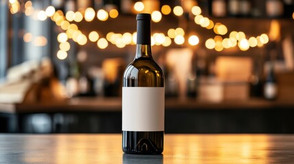 Wine bottle with blank label on bar counter with blurred interior