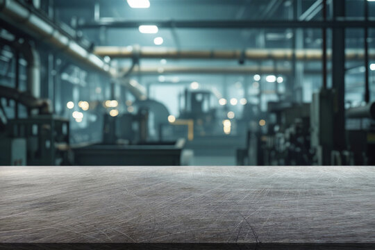 blurred background of factory and empty steel tabletop in foreground. Business presentation